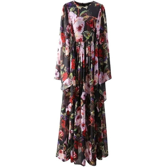 Luxury Italian Floral Black chiffon maxi dress
