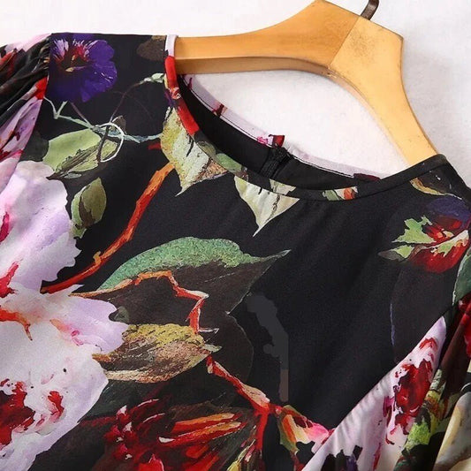 Luxury Italian Floral Black chiffon maxi dress